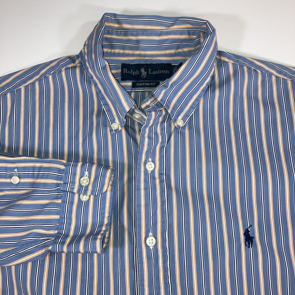 Polo Ralph Lauren Men's 16.5 Custom Fit Blue Orange Striped‎ Dress Shirt